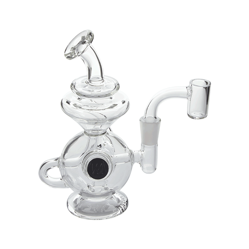 Close-up of the MJ Arsenal dab rig mid-session with vapor swirling inside the chamber