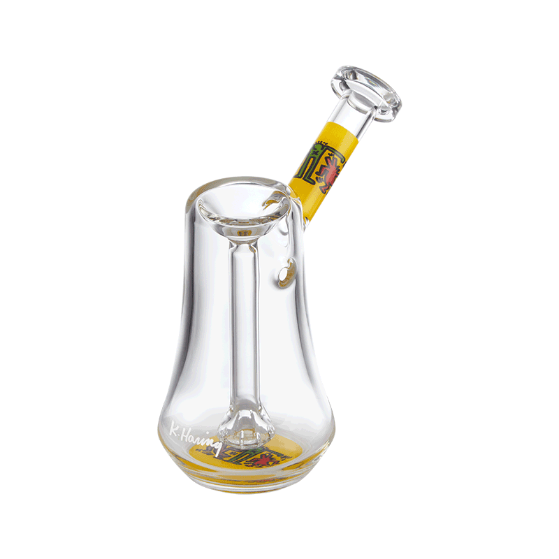 Side view of durable glass bubbler showing flared bottom and artist design
