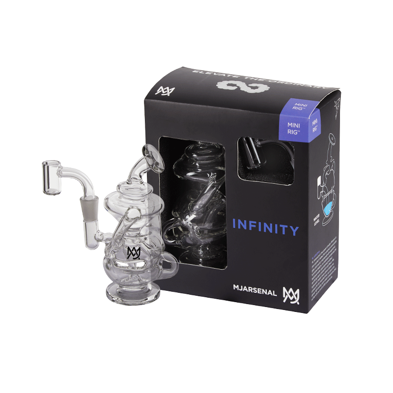MJ Arsenal Infinity Recycler Mini Dab Rig in a travel setup, highlighting its portability and compatibility with various bangers.