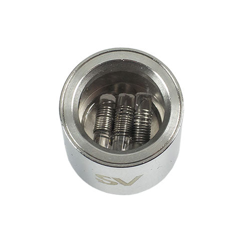 Close-up of Source Orb XL triple quartz coil atomizer showcasing its design.