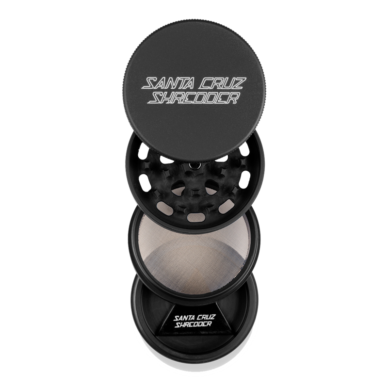 Top view of Santa Cruz Shredder 4-piece cannabis grinder in black