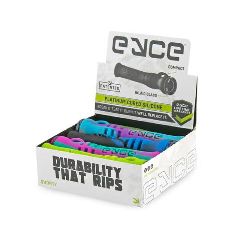 Close-up of Eyce Shorty 10-Pack portable glass and silicone herb pipes from the side view