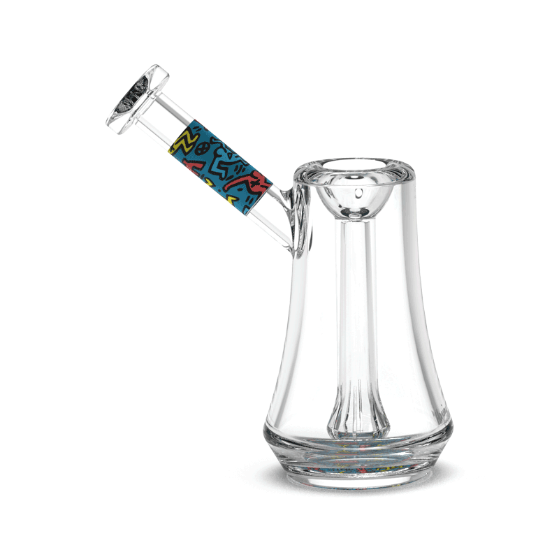 Close-up of Keith Haring-inspired glass bubbler with detailed artwork and percolator