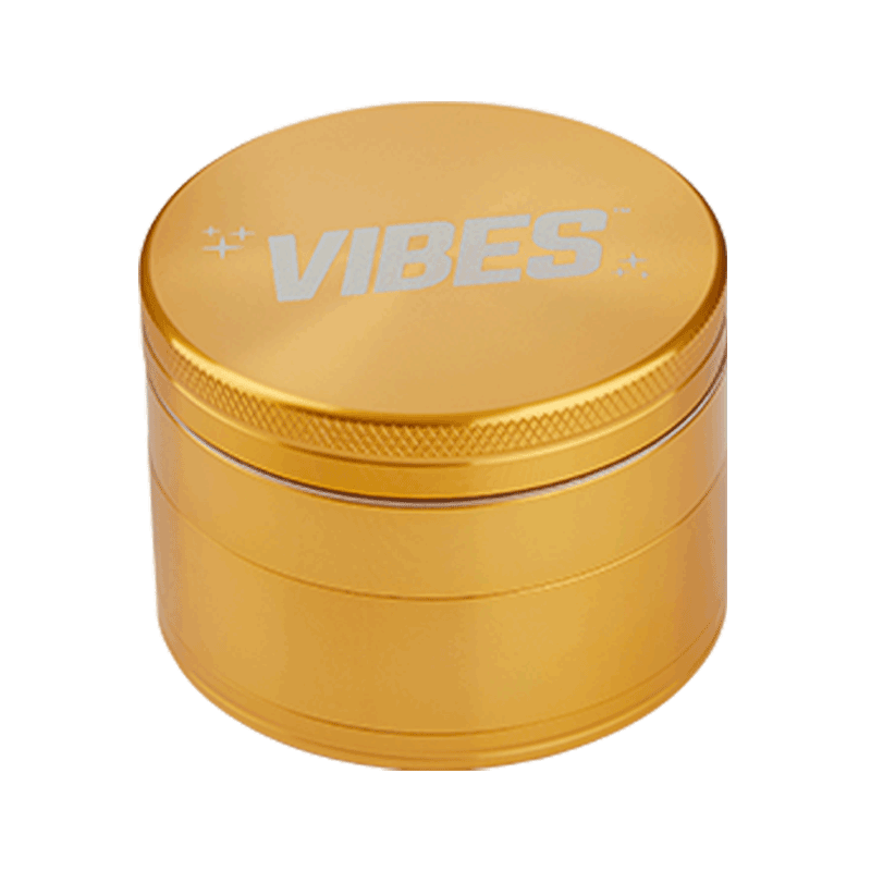 Close-up of Vibes 4-piece herb grinder with kief catcher and razor-sharp teeth