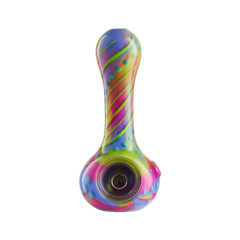Close-up of vibrant floral silicone spoon pipe highlighting its intricate design and smooth finish.