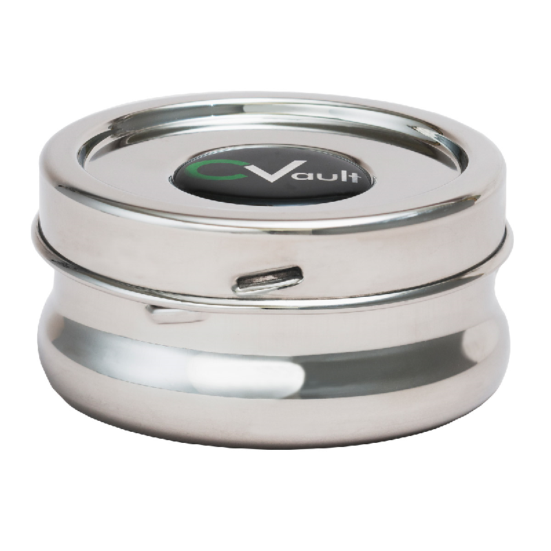 Stainless steel herb jar with airtight twist lid and humidity pack slot