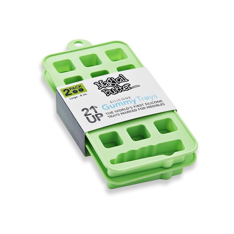 Close-up of the food-grade silicone gummy mold with 2mL cavities showing the 21UP stamp
