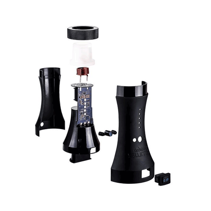 Side angle of SwitchPro Black showing modular glass attachment on induction dab rig