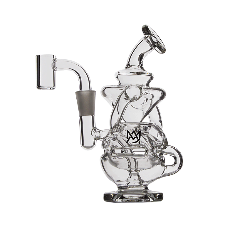 Close-up of the MJ Arsenal Infinity Recycler Mini Dab Rig demonstrating its recycler functionality and elegant aesthetics.