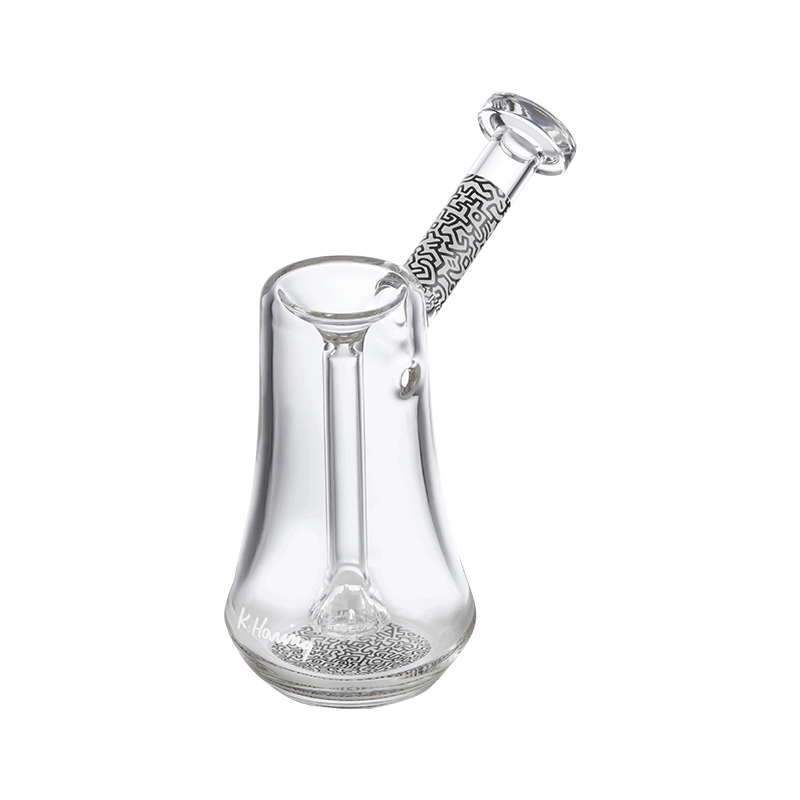 Side view of durable glass bubbler showing flared bottom and artist design