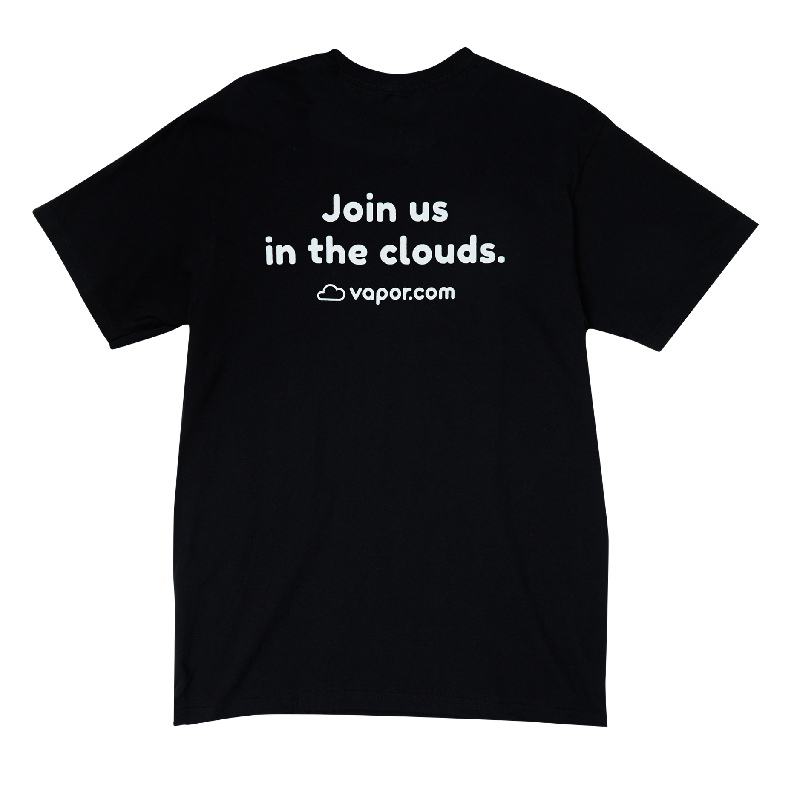 Black vapor.com T shirt on a model, casual style for vape lovers