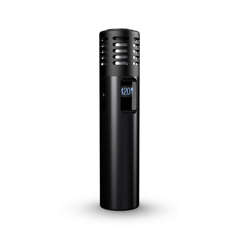 Angled front view of Arizer Air MAX portable vaporizer showing dark mode OLED screen