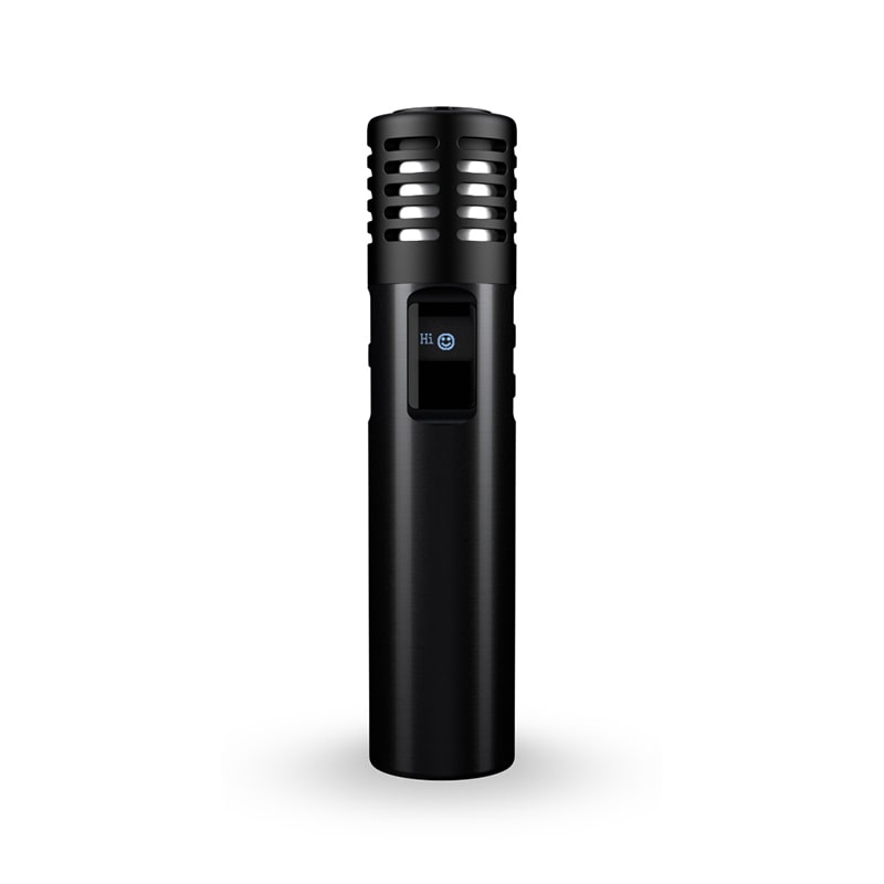 Angled front view of Arizer Air MAX portable vaporizer showing dark mode OLED screen