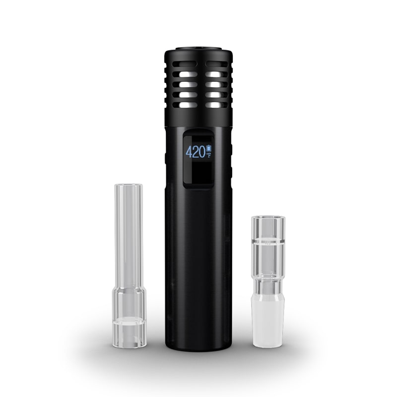 Angled front view of Arizer Air MAX portable vaporizer showing dark mode OLED screen