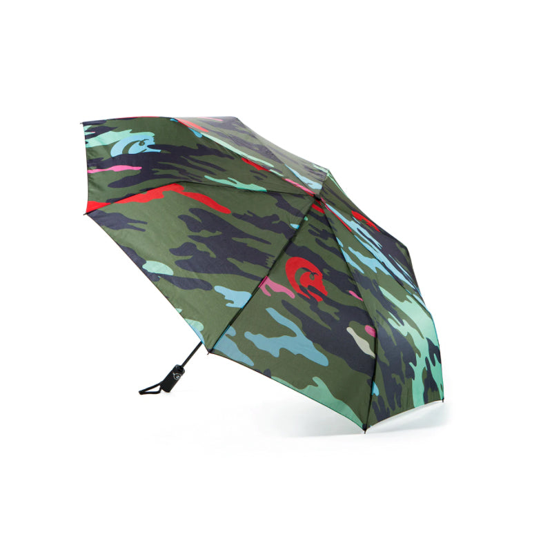 Open compact umbrella with monogram print and water-resistant canopy