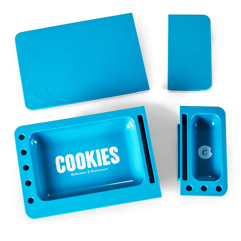 Close-up of Cookies V3 Rolling Tray with detachable lid showing sleek matte finish