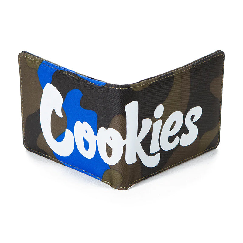 Front view of Cookies nylon billfold wallet with blue camo design