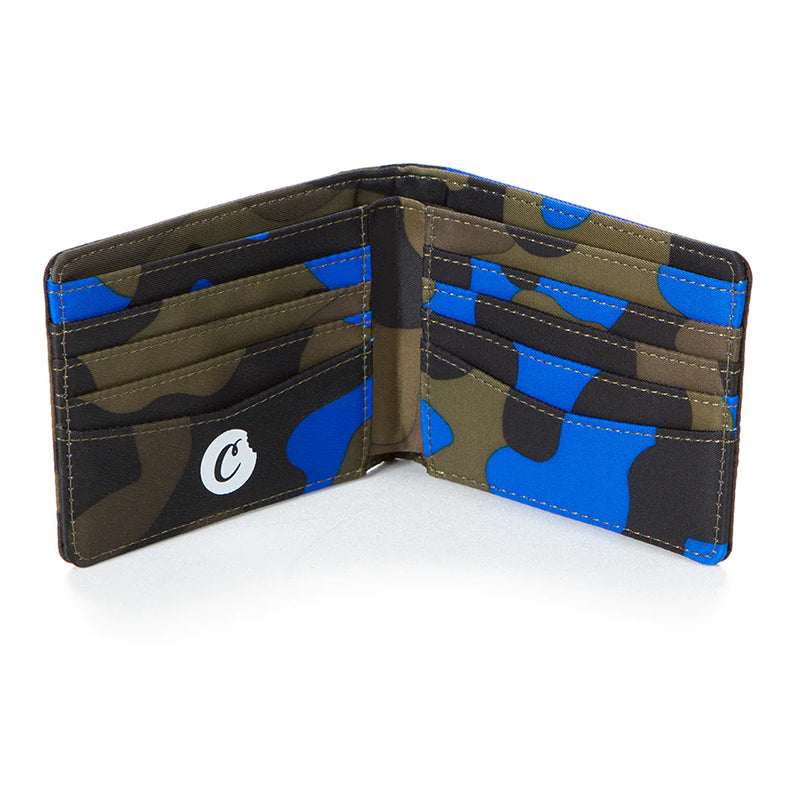 Front view of Cookies nylon billfold wallet with blue camo design