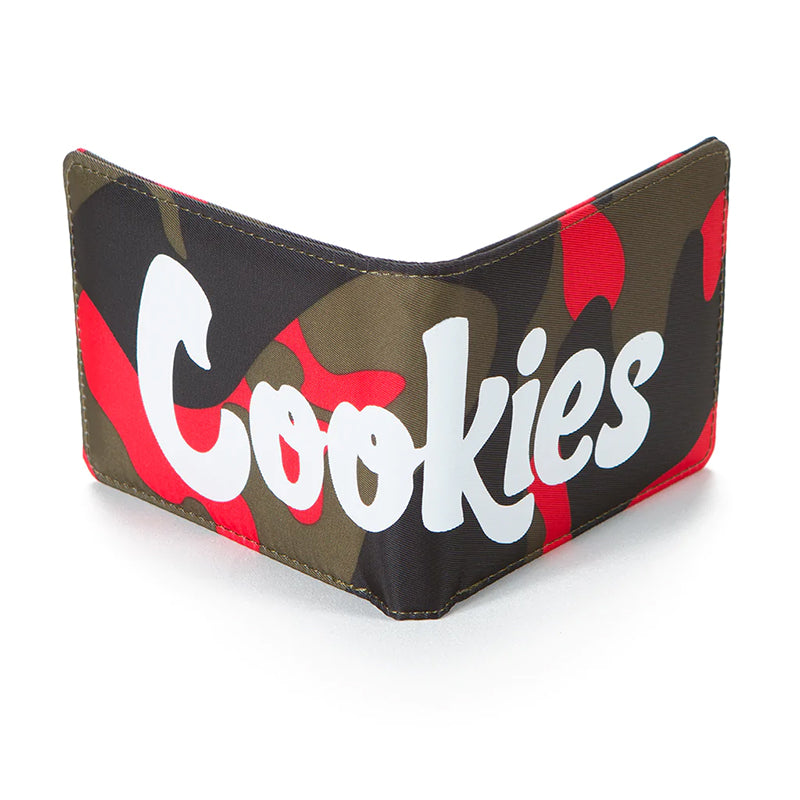 Front view of Cookies nylon billfold wallet with blue camo design