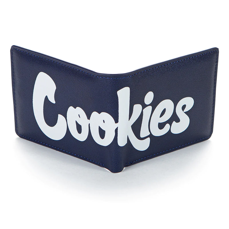 Close-up of the subtle Cookies logo on the textured faux leather wallet, emphasizing its modern streetwear appeal.