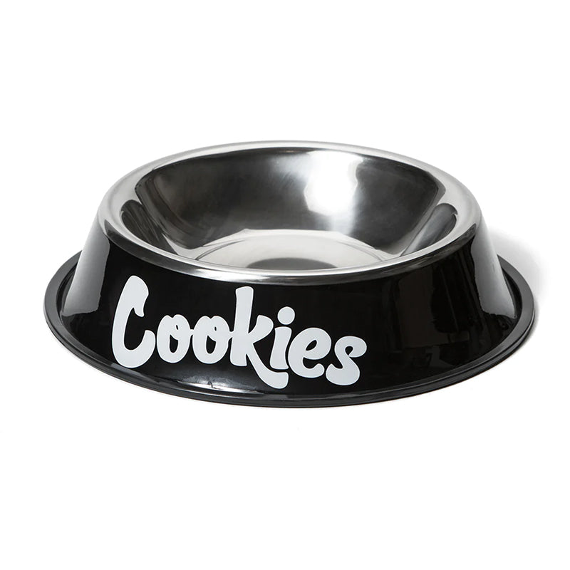 Close-up of the black metal dog bowl with non-slip base, featuring the Original Mint Cookies logo