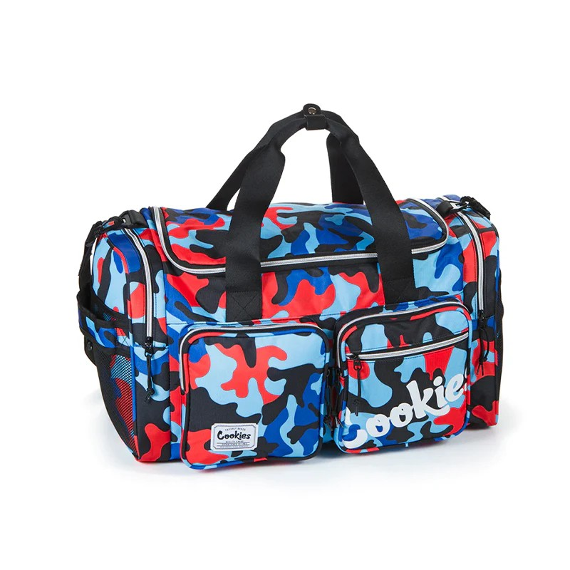 Nylon duffle bag with dual pockets for travel and gym use, showing its sleek design