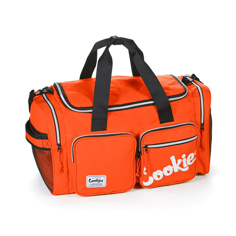Nylon duffle bag with dual pockets for travel and gym use, showing its sleek design