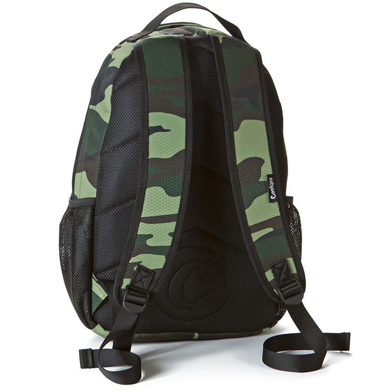 Stylish camo ripstop nylon backpack from a side angle, perfect for daily use.