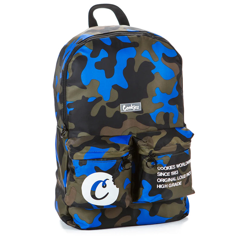 Front view of Cookies Orion streetwear backpack showing spacious compartments