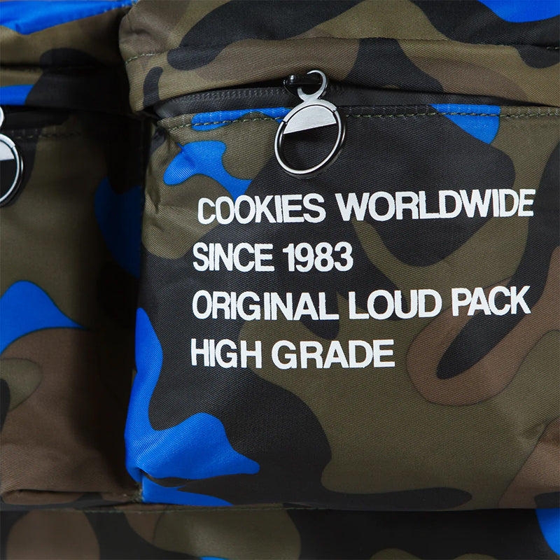 Front view of Cookies Orion streetwear backpack showing spacious compartments