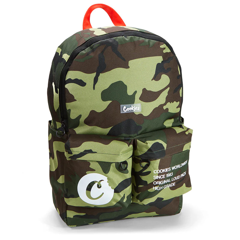 Front view of Cookies Orion streetwear backpack showing spacious compartments