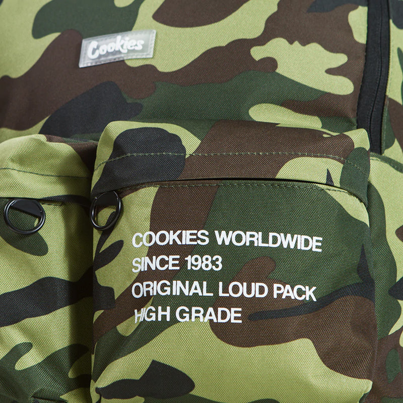 Front view of Cookies Orion streetwear backpack showing spacious compartments