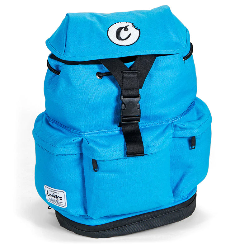 Side view of the Cookies smell proof utility backpack showcasing rugged canvas exterior