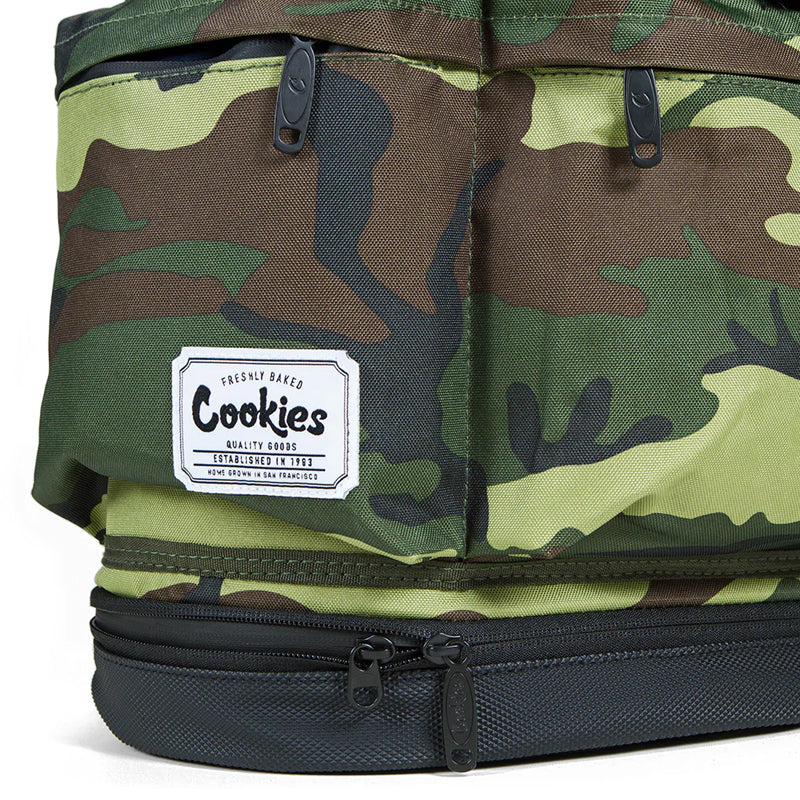 Side view of the Cookies smell proof utility backpack showcasing rugged canvas exterior