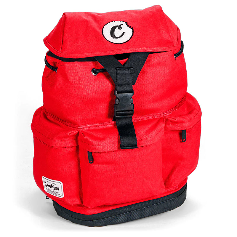 Side view of the Cookies smell proof utility backpack showcasing rugged canvas exterior