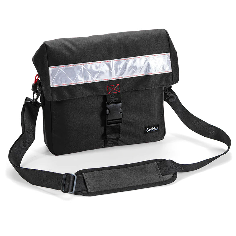 Front view of the Cookies Tactical Camo Crossbody Bag with reflective strips.