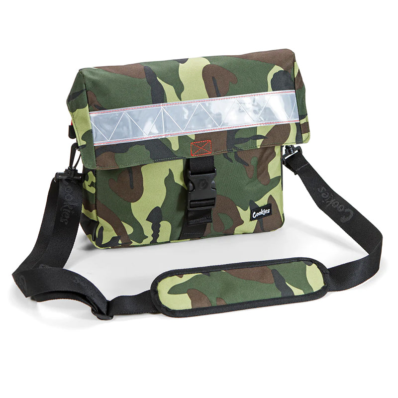 Side view showcasing the adjustable strap of the Cookies Tactical Camo Crossbody Bag.