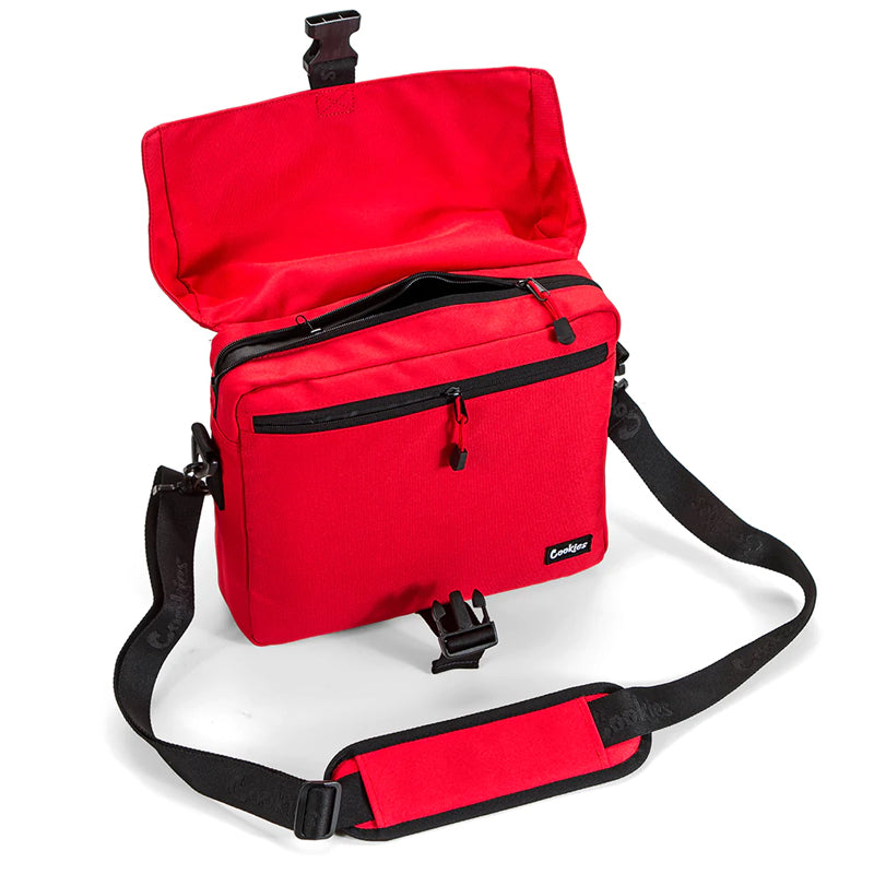 Front view of the Cookies Tactical Camo Crossbody Bag with reflective strips.