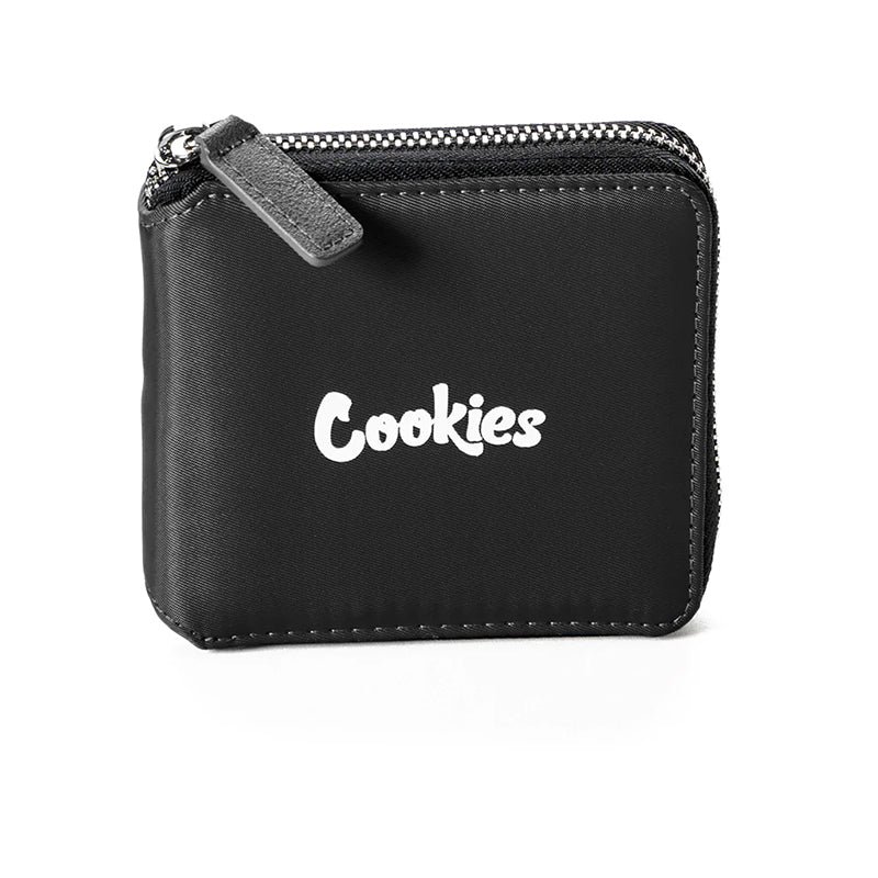 Close-up of the embroidered branding on the chic matte nylon wallet.