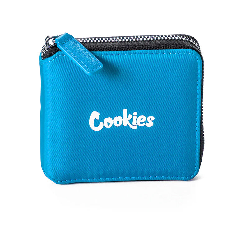 Close-up of the embroidered branding on the chic matte nylon wallet.