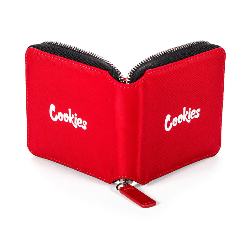 Close-up of the embroidered branding on the chic matte nylon wallet.