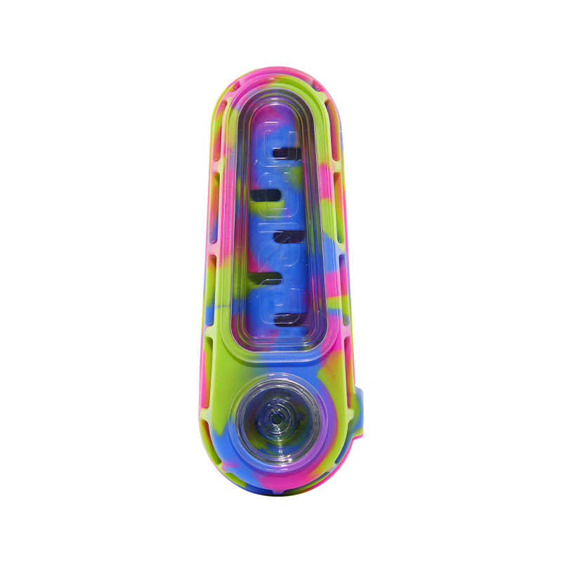 Close-up of Eyce Glacier Spoon pipe highlighting its silicone design and removable glass bowl.
