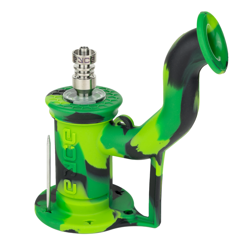 Close-up of the durable silicone Eyce Rig 2.0 with removable glass collar for easy cleaning