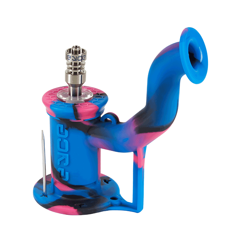 Close-up of the durable silicone Eyce Rig 2.0 with removable glass collar for easy cleaning