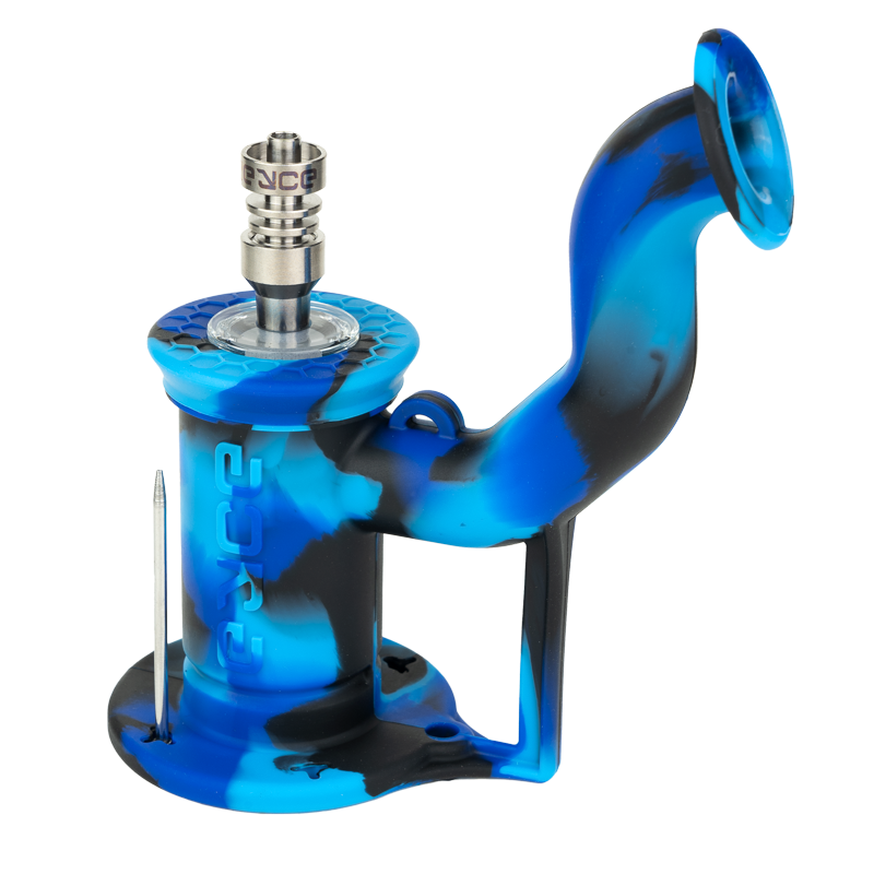 Close-up of the durable silicone Eyce Rig 2.0 with removable glass collar for easy cleaning