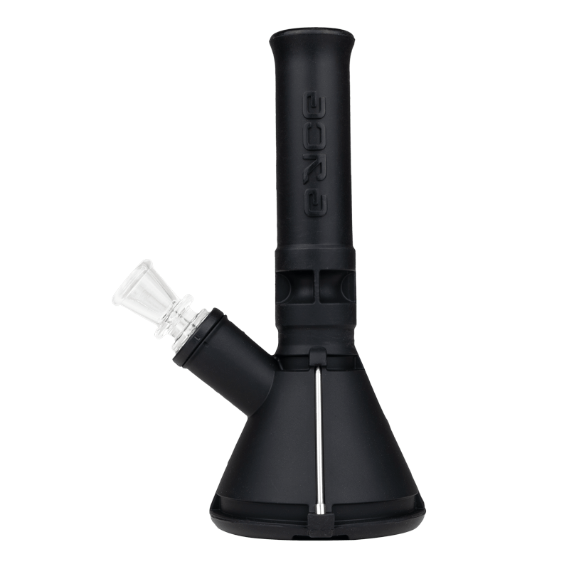 The Pocket-Friendly Silicone Beaker Pipe with its stash jar and multi-tool attached, perfect for outdoor use.