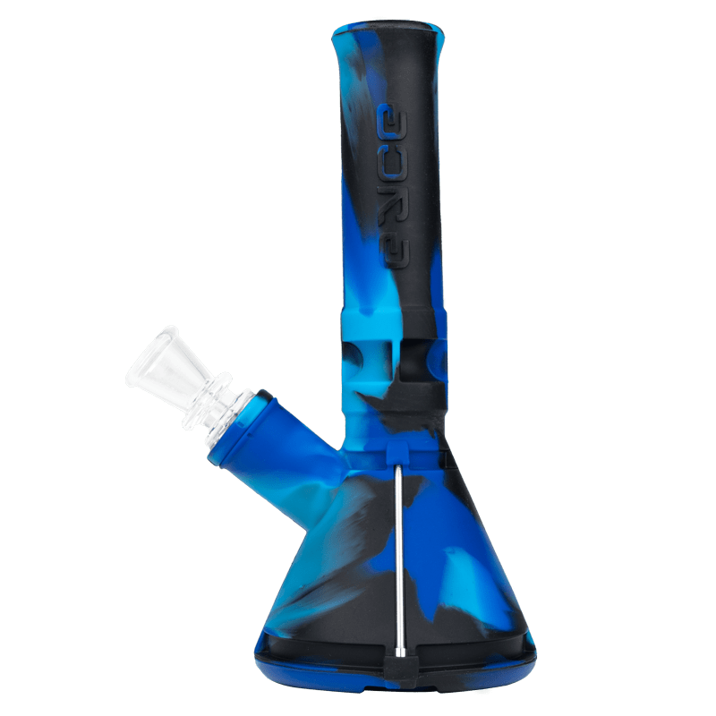 A close-up of the Pocket-Friendly Silicone Beaker Pipe highlighting its ergonomic design and borosilicate glass bowl.
