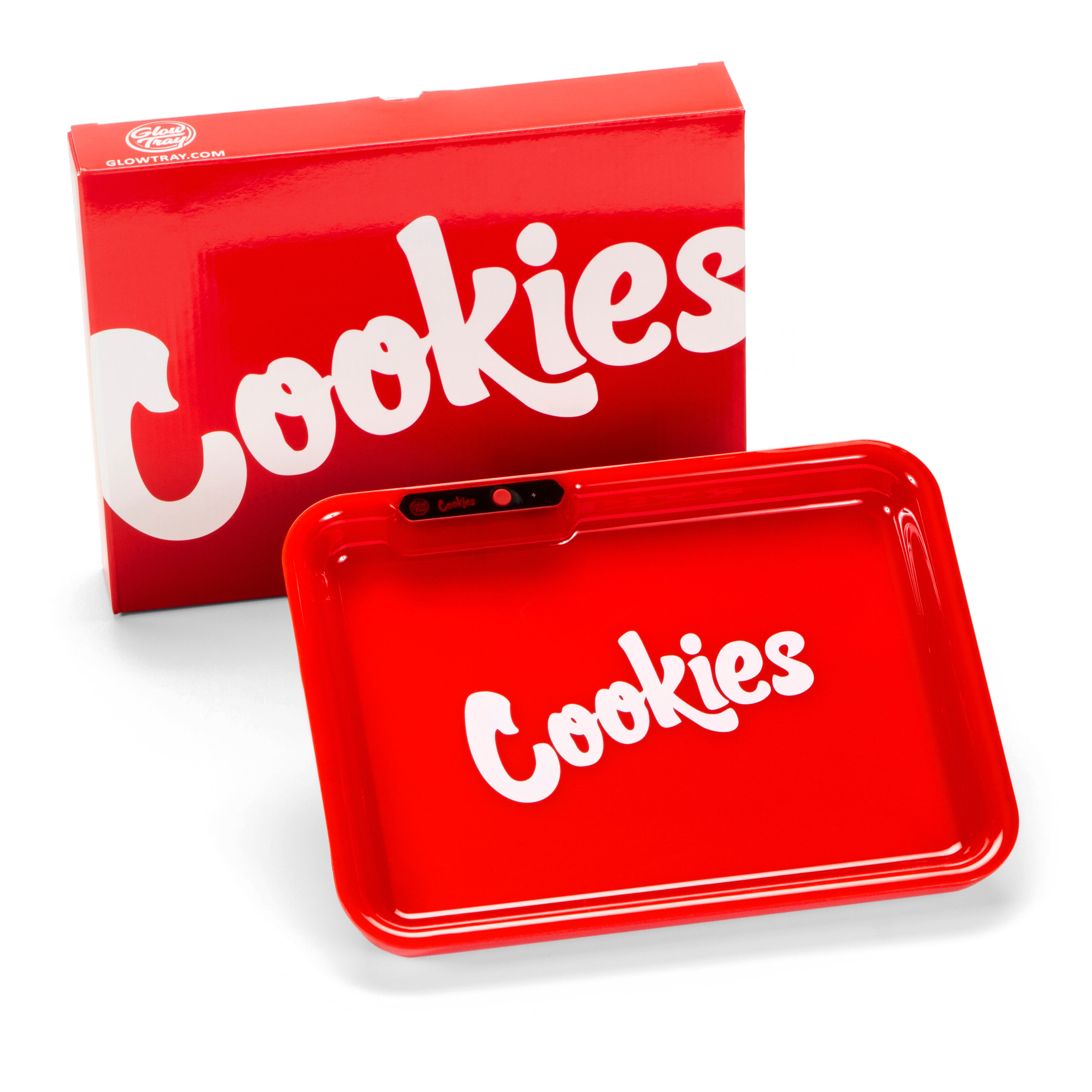 Close-up of Cookies V4 rolling tray showcasing its durable surface and USB charging port.