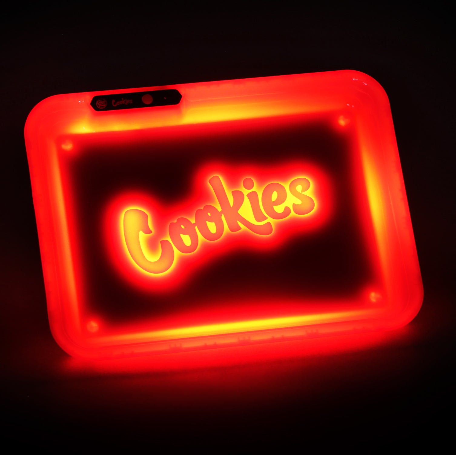 Close-up of Cookies V4 rolling tray showcasing its durable surface and USB charging port.