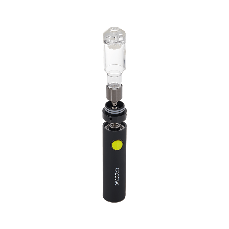 User holding the Groove CARA+ vaporizer with a focus on adjustable voltage settings